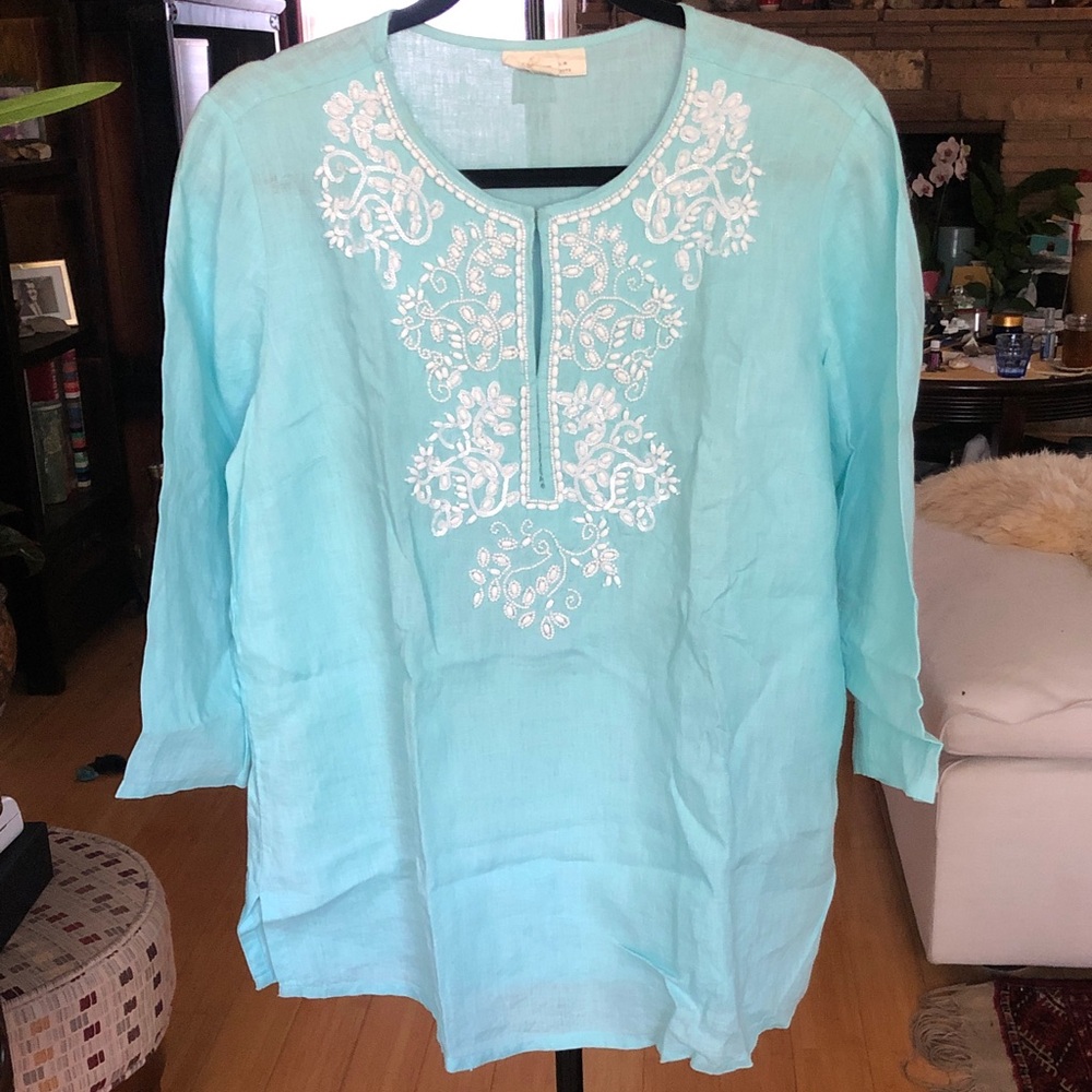 Charter Club Beaded Turquoise Blue Women's Linen Tunic Top